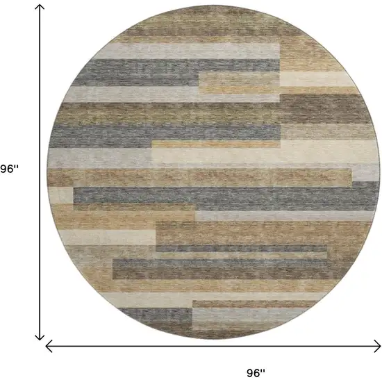 8' Taupe Gray And Silver Striped Washable Round Rug With UV Protection Photo 3