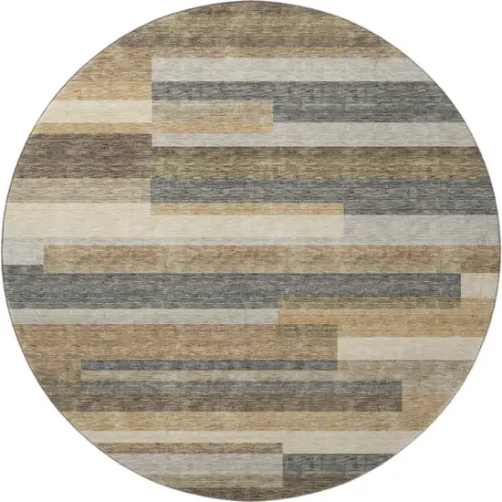 8' Taupe Gray And Silver Striped Washable Round Rug With UV Protection Photo 4