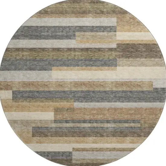 8' Taupe Gray And Silver Striped Washable Round Rug With UV Protection Photo 3