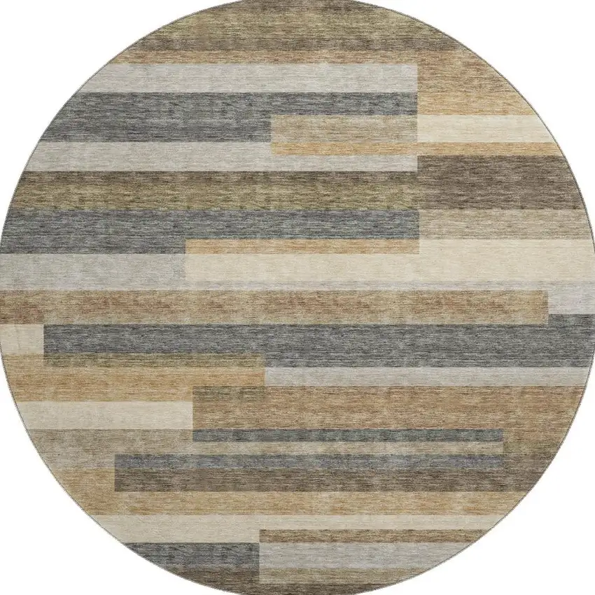 8' Taupe Gray And Silver Striped Washable Round Rug With UV Protection Photo 3