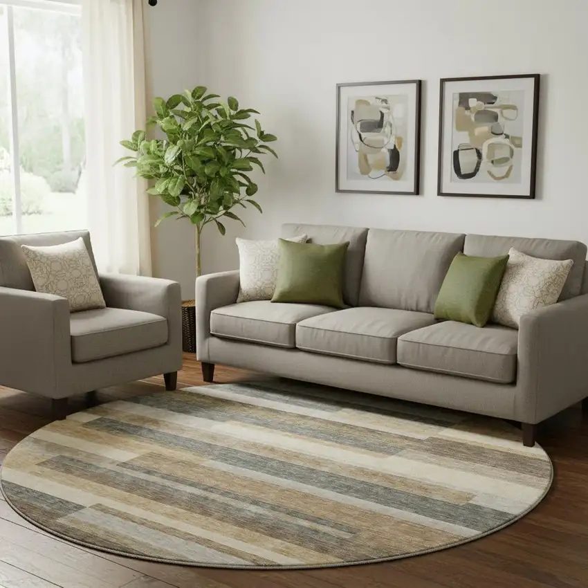 8' Taupe Gray And Silver Striped Washable Round Rug With UV Protection Photo 1