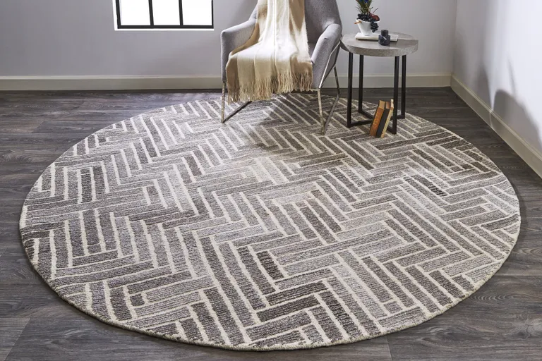 8' Taupe Gray And Tan Round Wool Geometric Tufted Handmade Area Rug Photo 3