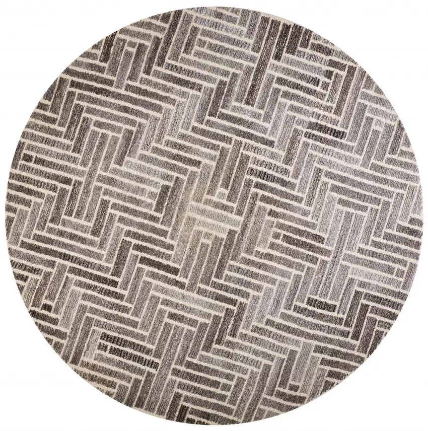 8' Taupe Gray And Tan Round Wool Geometric Tufted Handmade Area Rug Photo 1
