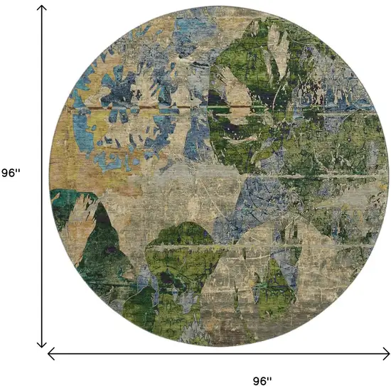 8' Taupe Green And Blue Abstract Washable Round Rug With UV Protection Photo 3