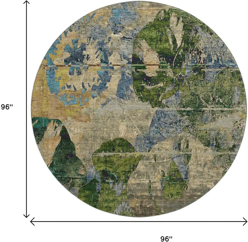 8' Taupe Green And Blue Abstract Washable Round Rug With UV Protection Photo 3