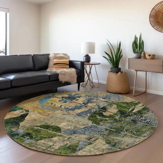 8' Taupe Green And Blue Abstract Washable Round Rug With UV Protection Photo 5