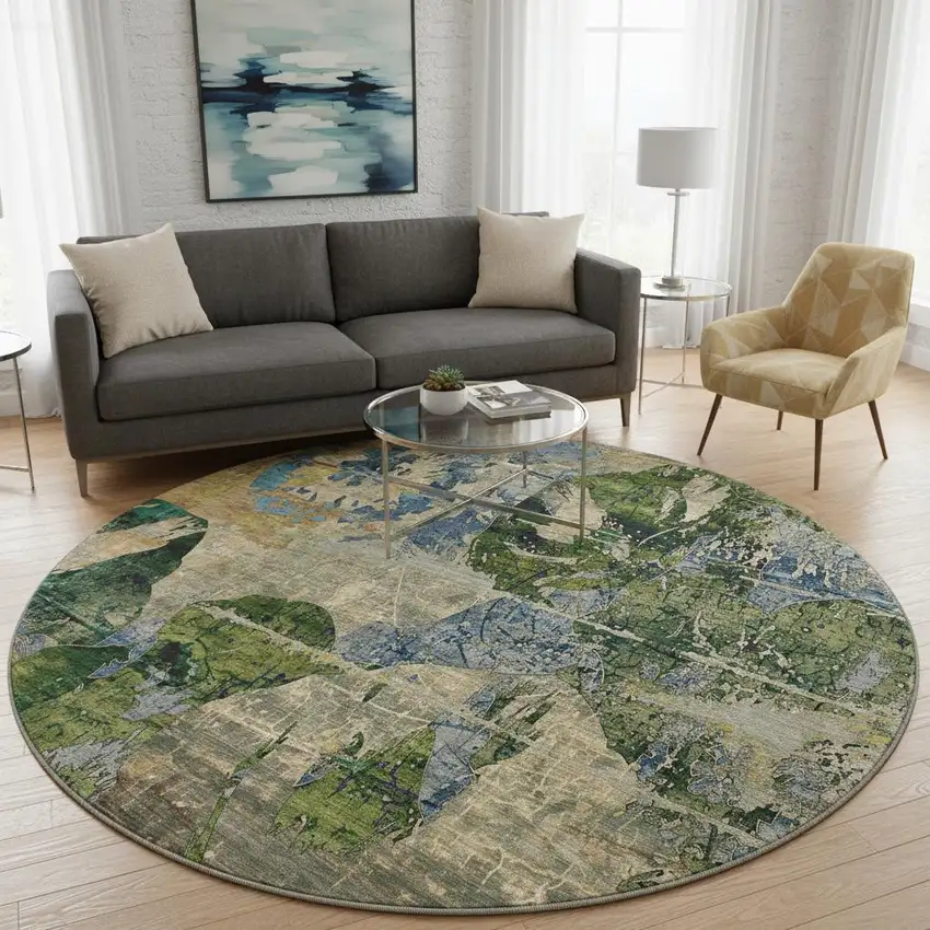 8' Taupe Green And Blue Abstract Washable Round Rug With UV Protection Photo 2
