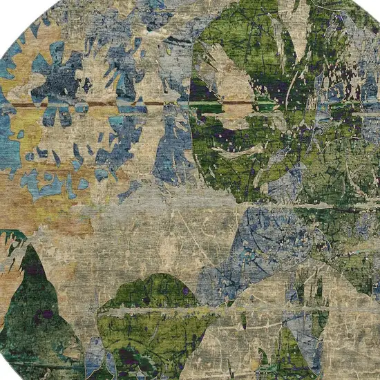 8' Taupe Green And Blue Abstract Washable Round Rug With UV Protection Photo 3