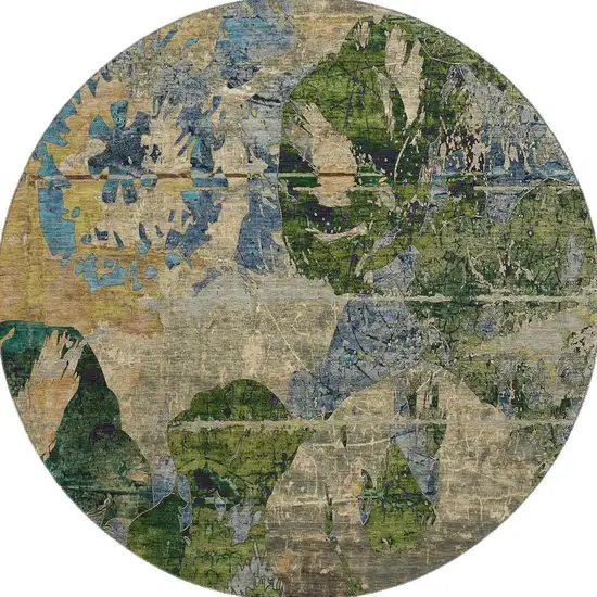 8' Taupe Green And Blue Abstract Washable Round Rug With UV Protection Photo 4