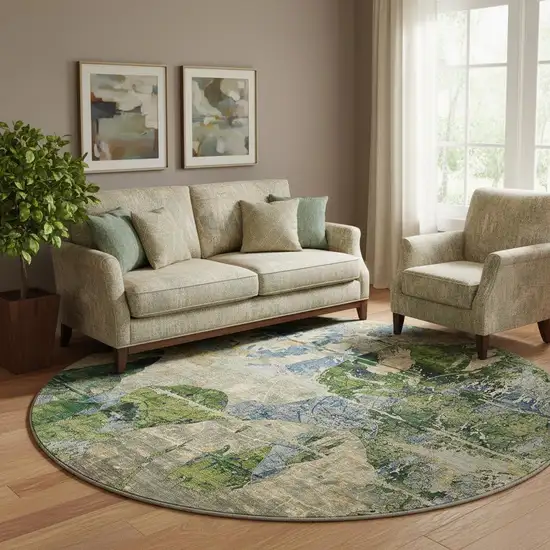 8' Taupe Green And Blue Abstract Washable Round Rug With UV Protection Photo 1