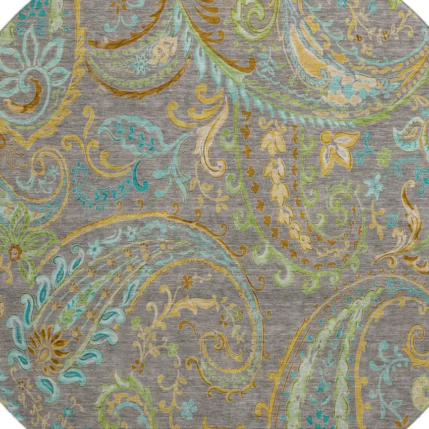 8' Taupe Green And Blue Paisley Washable Round Rug With UV Protection Photo 3