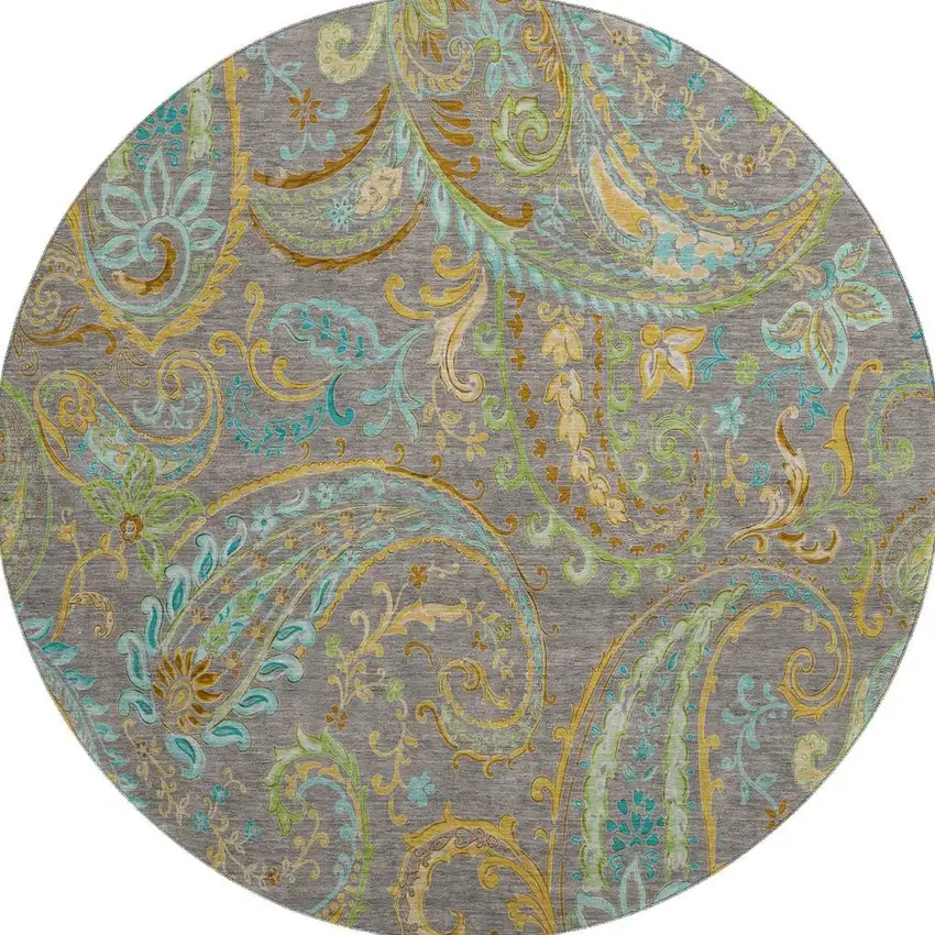 8' Taupe Green And Blue Paisley Washable Round Rug With UV Protection Photo 4