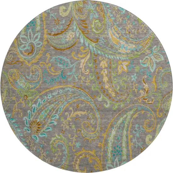 8' Taupe Green And Blue Paisley Washable Round Rug With UV Protection Photo 1