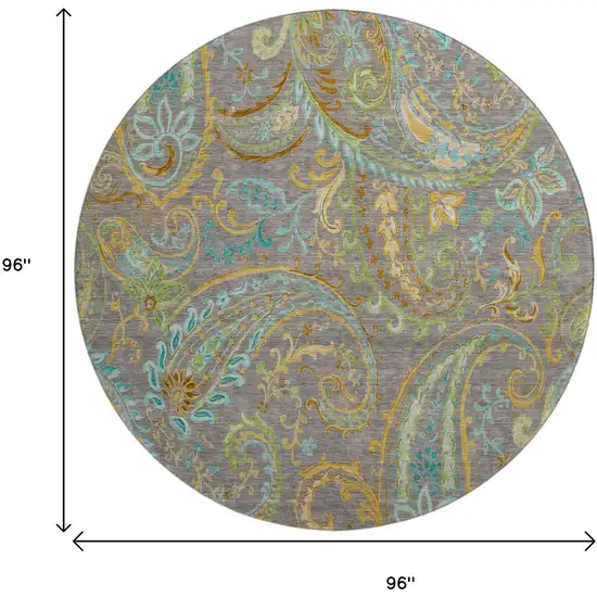 8' Taupe Green And Blue Paisley Washable Round Rug With UV Protection Photo 9