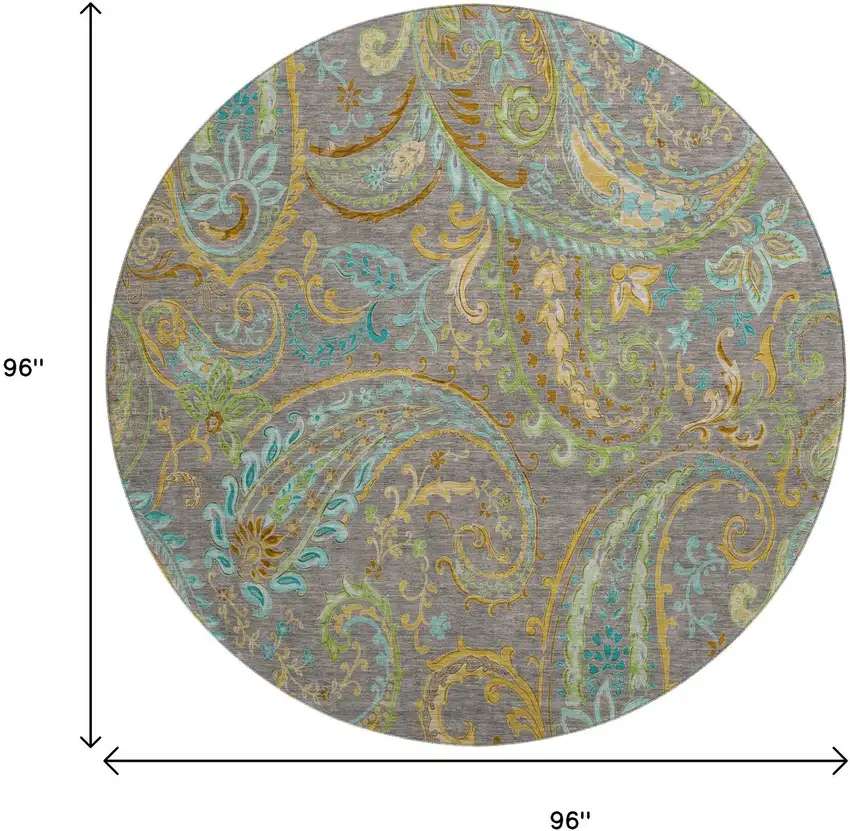 8' Taupe Green And Blue Paisley Washable Round Rug With UV Protection Photo 9
