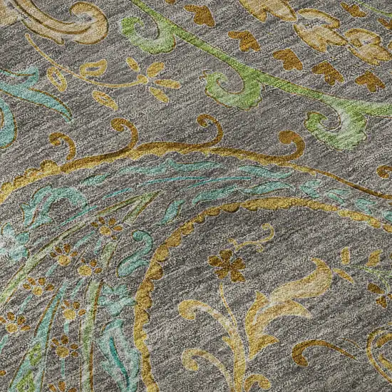 8' Taupe Green And Blue Paisley Washable Round Rug With UV Protection Photo 9