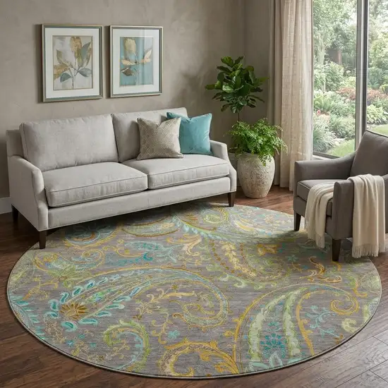 8' Taupe Green And Blue Paisley Washable Round Rug With UV Protection Photo 1