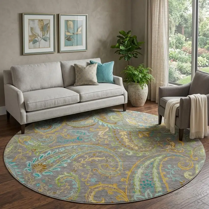 8' Taupe Green And Blue Paisley Washable Round Rug With UV Protection Photo 1
