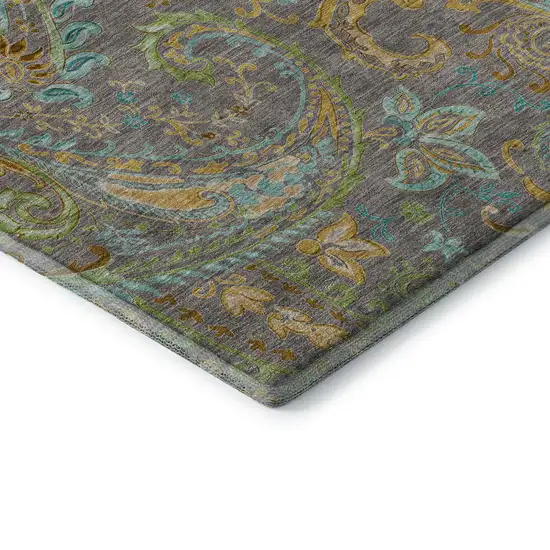8' Taupe Green And Blue Paisley Washable Round Rug With UV Protection Photo 7