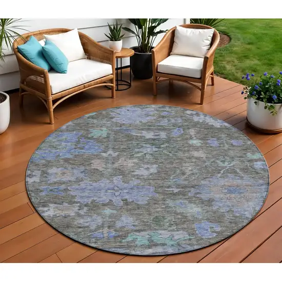 8' Taupe Green And Blue Round Floral Washable Indoor Outdoor Area Rug Photo 1