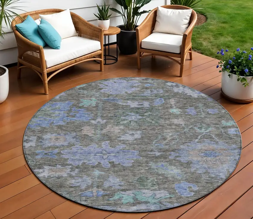 8' Taupe Green And Blue Round Floral Washable Indoor Outdoor Area Rug Photo 1