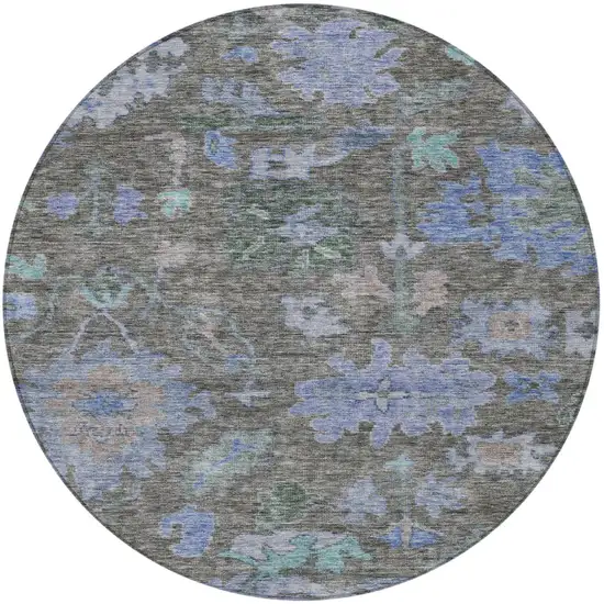 8' Taupe Green And Blue Round Floral Washable Indoor Outdoor Area Rug Photo 6