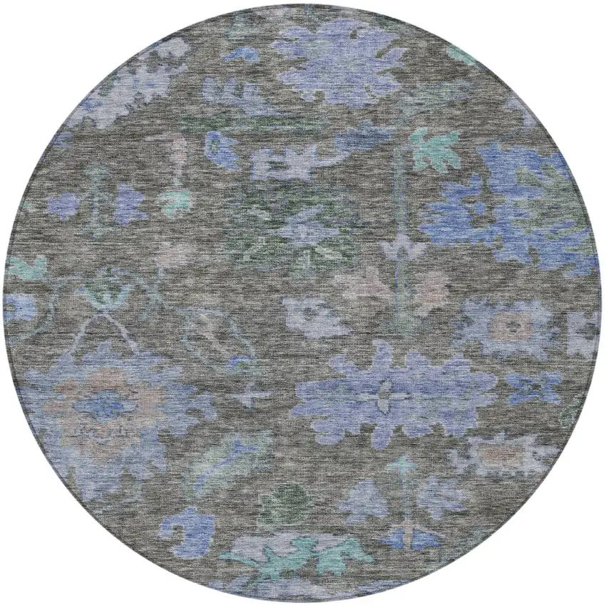 8' Taupe Green And Blue Round Floral Washable Indoor Outdoor Area Rug Photo 6
