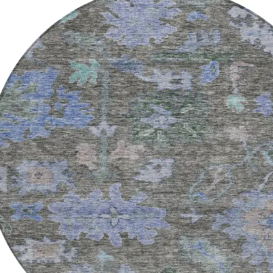 8' Taupe Green And Blue Round Floral Washable Indoor Outdoor Area Rug Photo 5
