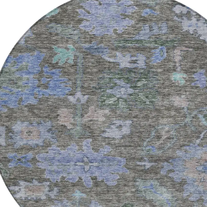 8' Taupe Green And Blue Round Floral Washable Indoor Outdoor Area Rug Photo 5