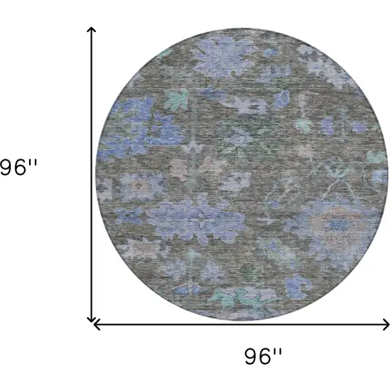 8' Taupe Green And Blue Round Floral Washable Indoor Outdoor Area Rug Photo 9