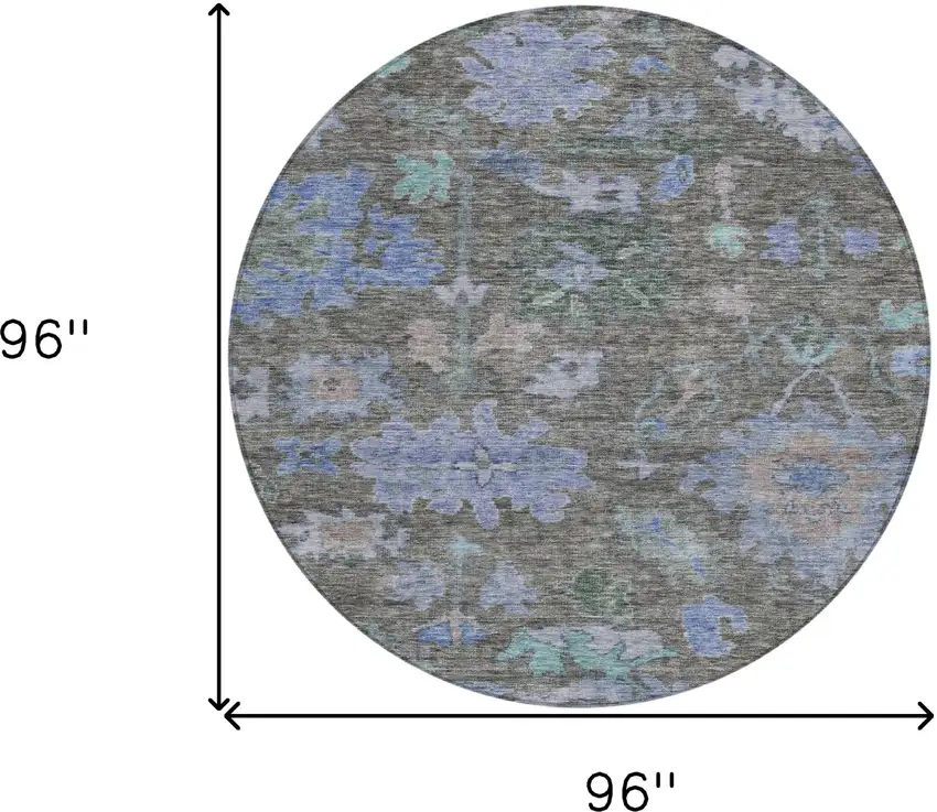 8' Taupe Green And Blue Round Floral Washable Indoor Outdoor Area Rug Photo 9