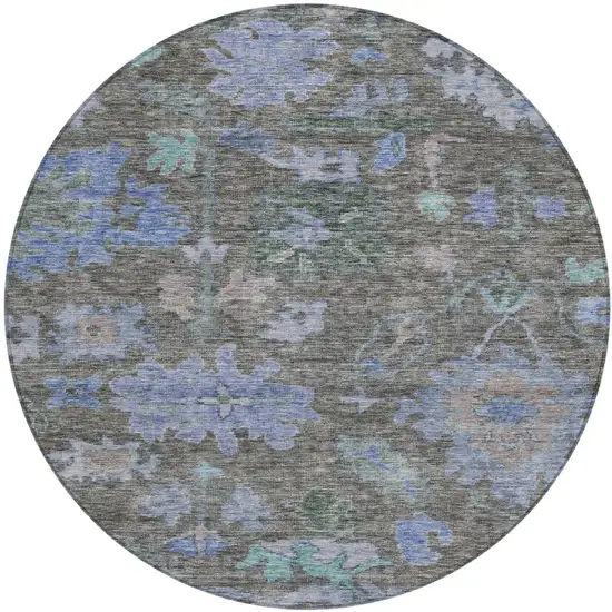 8' Taupe Green And Blue Round Floral Washable Indoor Outdoor Area Rug Photo 2