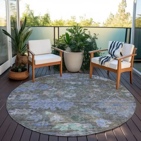 8' Taupe Green And Blue Round Floral Washable Indoor Outdoor Area Rug Photo 7