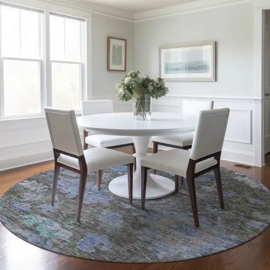 8' Taupe Green And Blue Round Floral Washable Indoor Outdoor Area Rug Photo 8