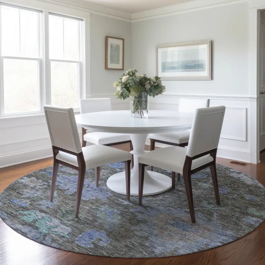 8' Taupe Green And Blue Round Floral Washable Indoor Outdoor Area Rug Photo 8