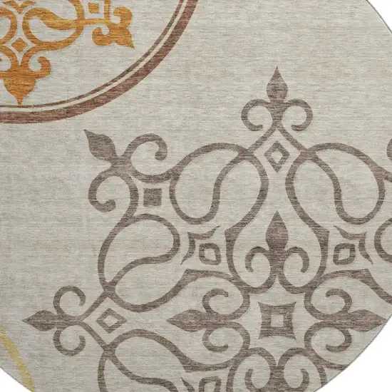 8' Taupe Green And Copper Floral Medallion Washable Round Rug With UV Protection Photo 3