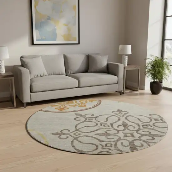 8' Taupe Green And Copper Floral Medallion Washable Round Rug With UV Protection Photo 2