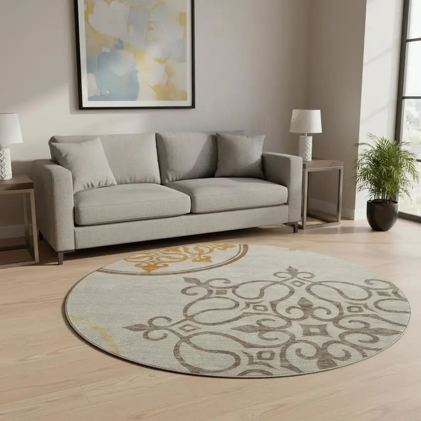 8' Taupe Green And Copper Floral Medallion Washable Round Rug With UV Protection Photo 2