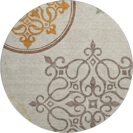 8' Taupe Green And Copper Floral Medallion Washable Round Rug With UV Protection Photo 1
