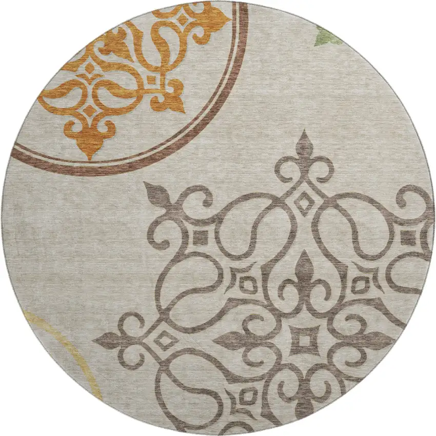 8' Taupe Green And Copper Floral Medallion Washable Round Rug With UV Protection Photo 1