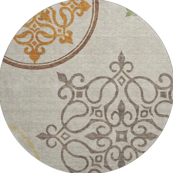 8' Taupe Green And Copper Floral Medallion Washable Round Rug With UV Protection Photo 4