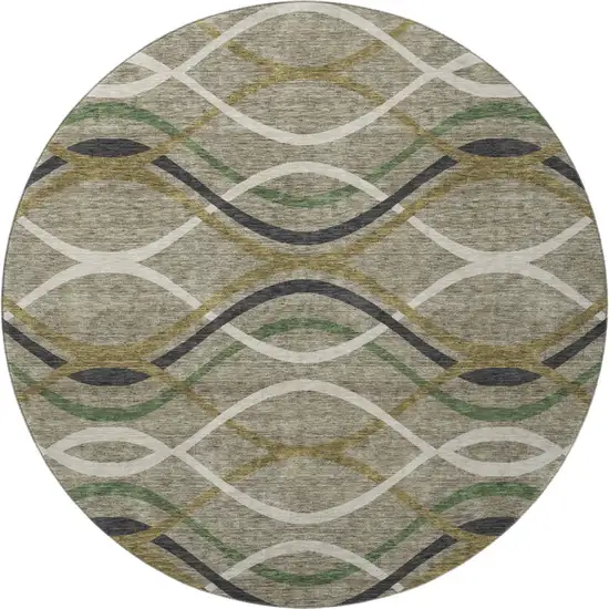 8' Taupe Green And Gold Abstract Washable Round Rug With UV Protection Photo 4