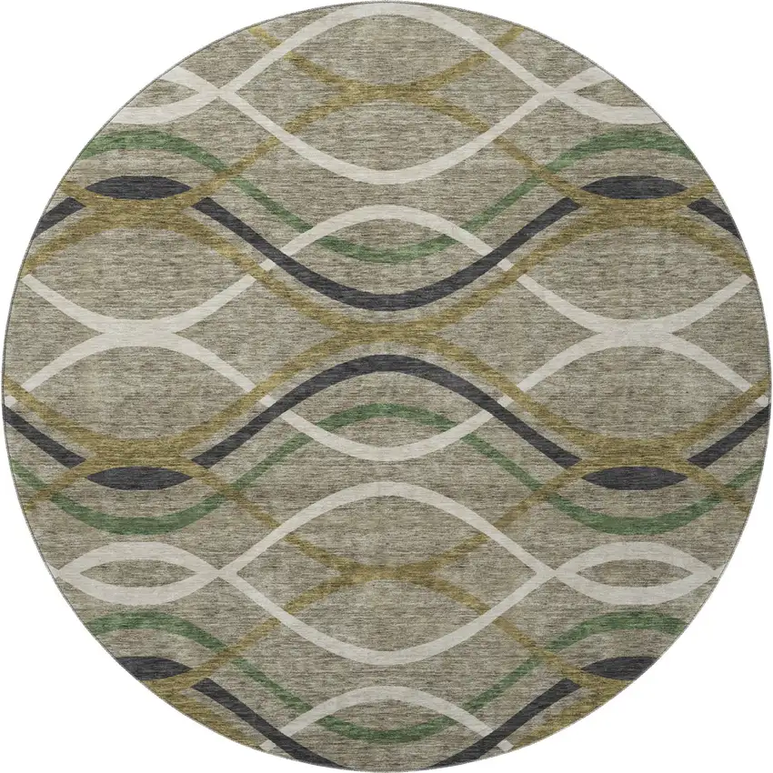 8' Taupe Green And Gold Abstract Washable Round Rug With UV Protection Photo 4