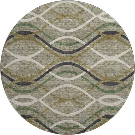 8' Taupe Green And Gold Abstract Washable Round Rug With UV Protection Photo 1
