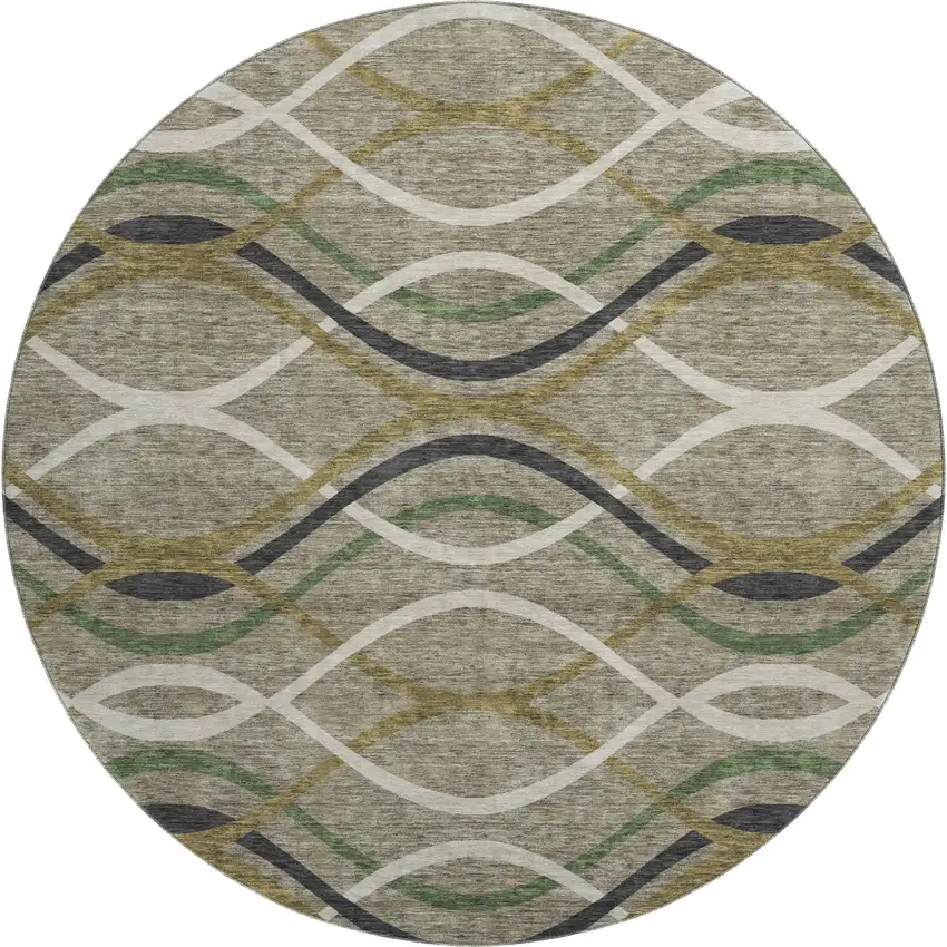 8' Taupe Green And Gold Abstract Washable Round Rug With UV Protection Photo 1
