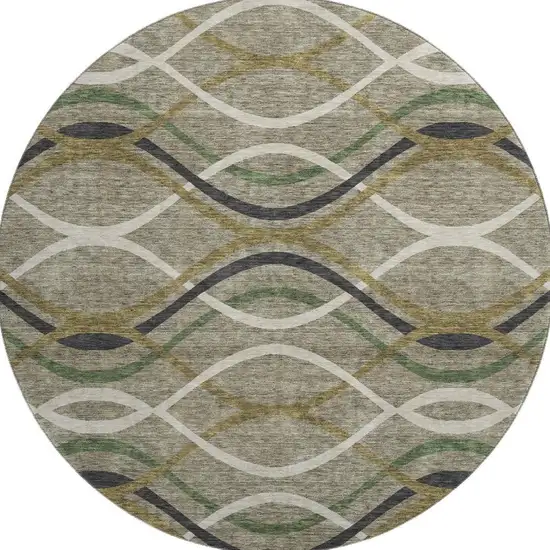 8' Taupe Green And Gold Abstract Washable Round Rug With UV Protection Photo 3