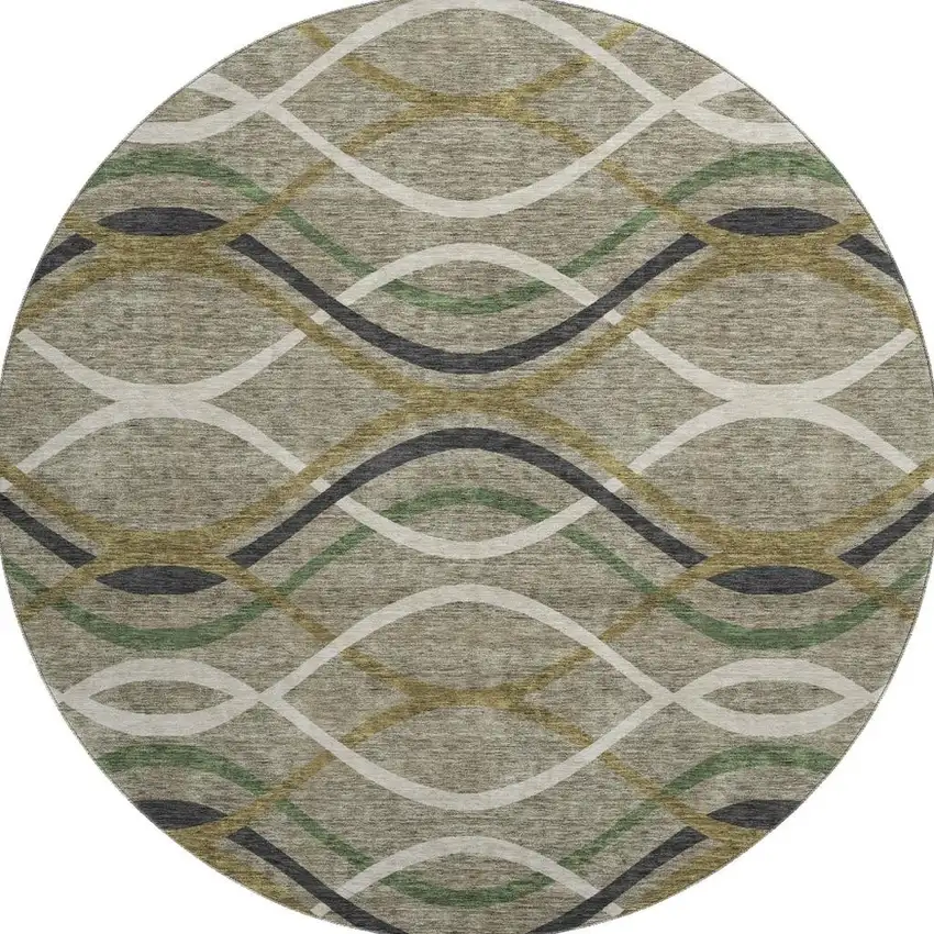 8' Taupe Green And Gold Abstract Washable Round Rug With UV Protection Photo 3