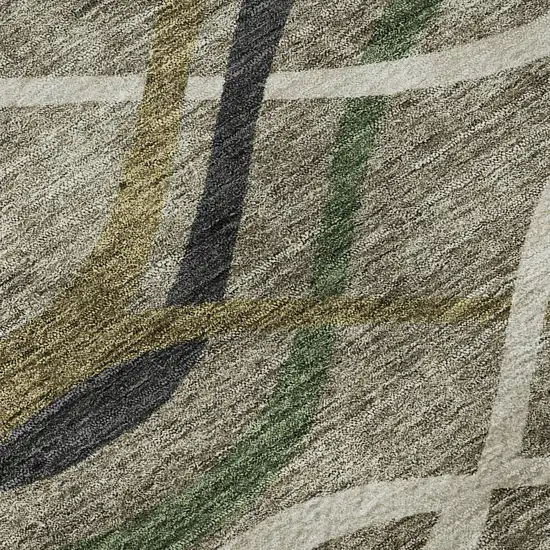 8' Taupe Green And Gold Abstract Washable Round Rug With UV Protection Photo 9