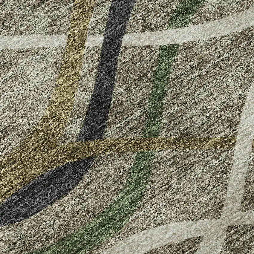 8' Taupe Green And Gold Abstract Washable Round Rug With UV Protection Photo 9