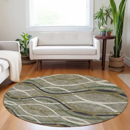 8' Taupe Green And Gold Abstract Washable Round Rug With UV Protection Photo 5
